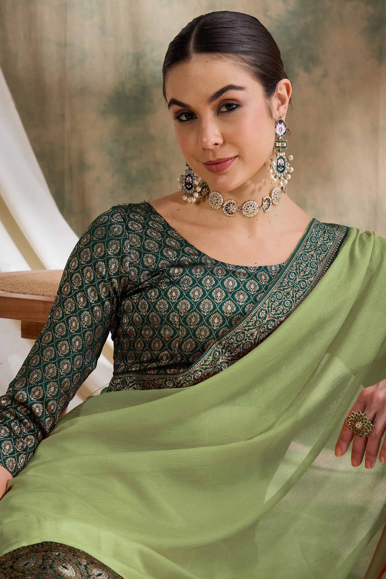 Pista Green Polyester Saree | Indian Sari & Woven Design