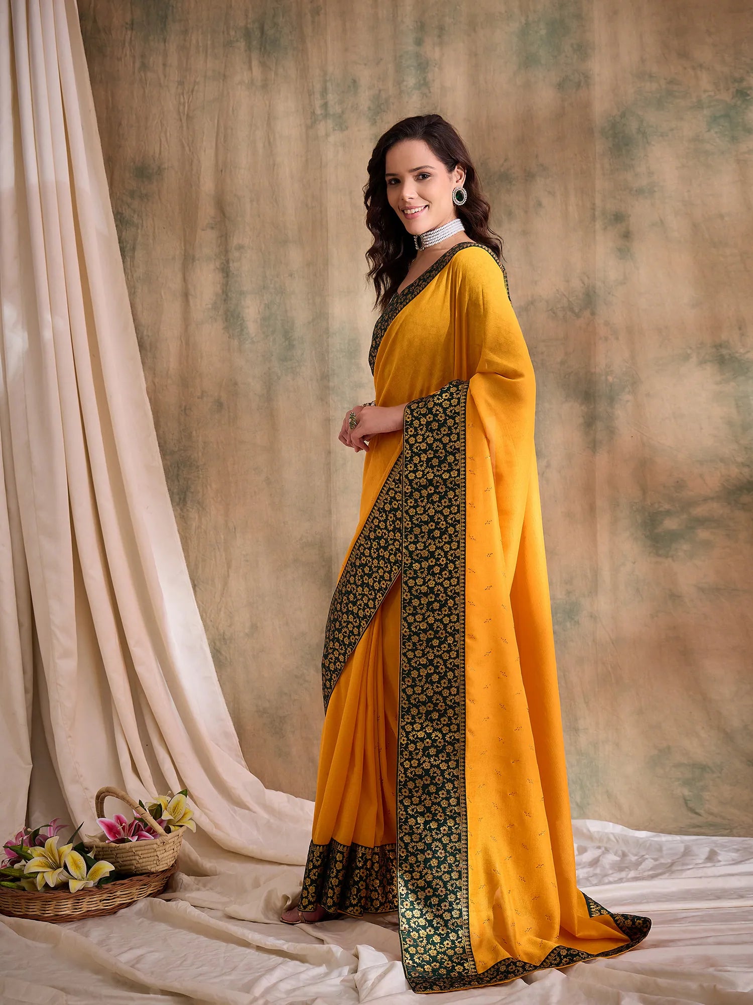 Gold Woven Polyester Saree | Banarasi Style