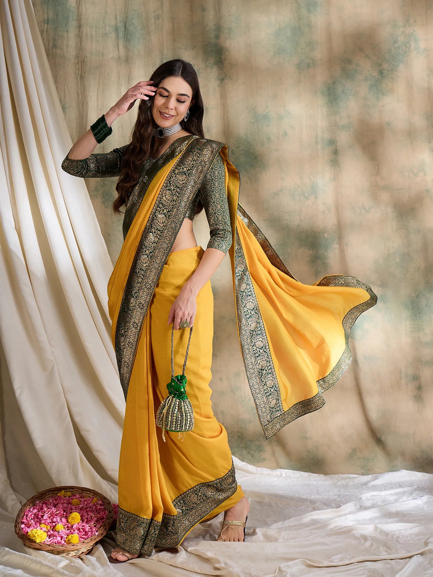 Yellow Woven Polyester Saree | Indian Wedding Sarees