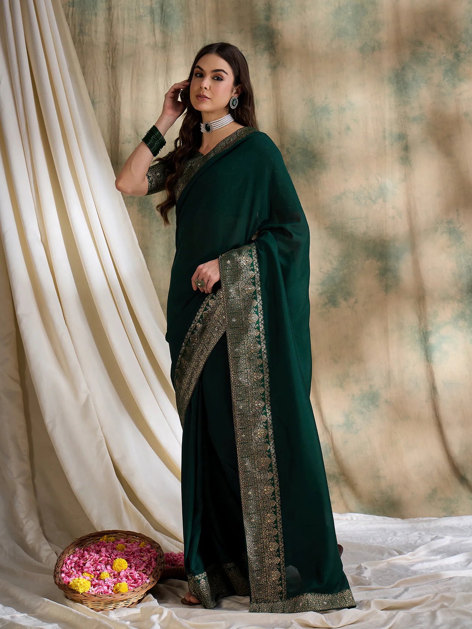Green Textured Woven Polyester Saree | Authentic Indian Designer Wear