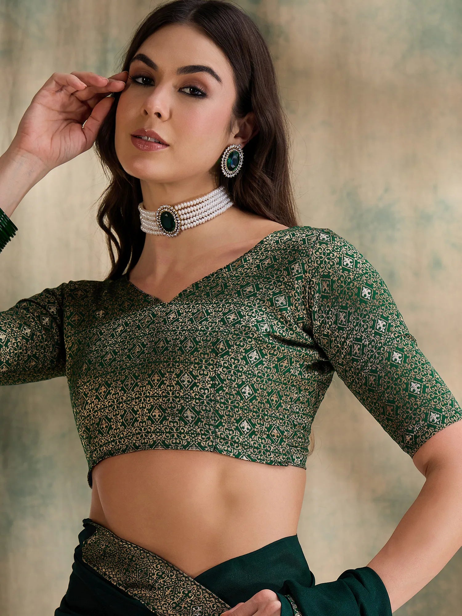 Green Textured Woven Polyester Saree | Authentic Indian Designer Wear