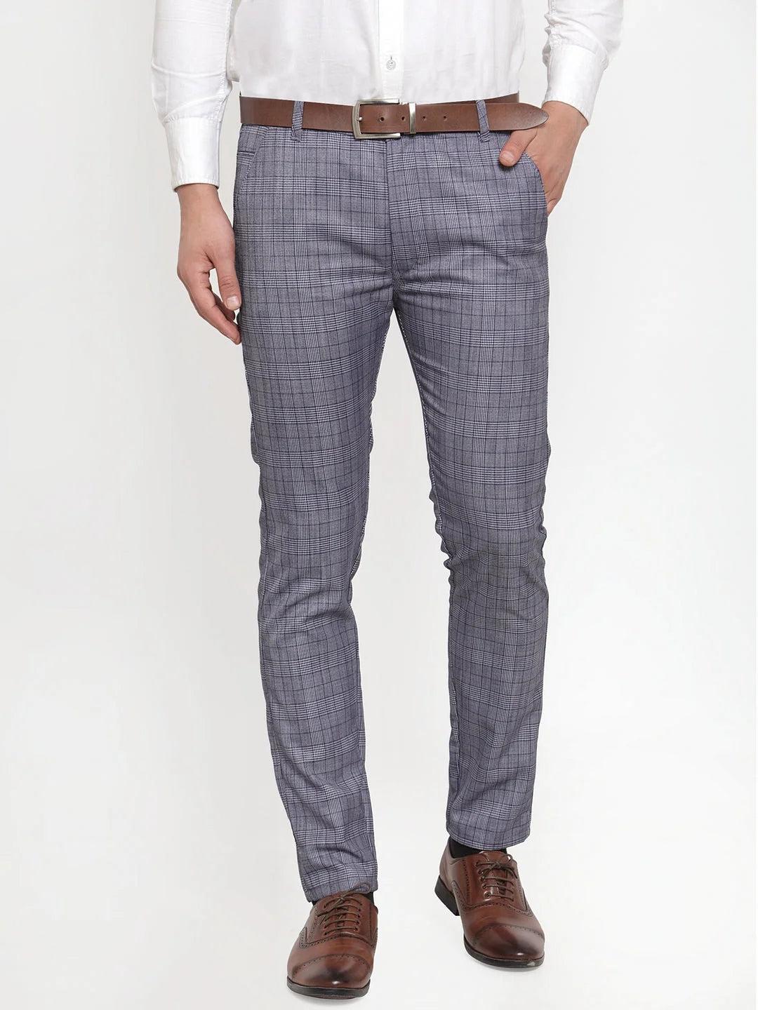 Indian Needle Blue Checked Formal Trousers - Cotton Pants