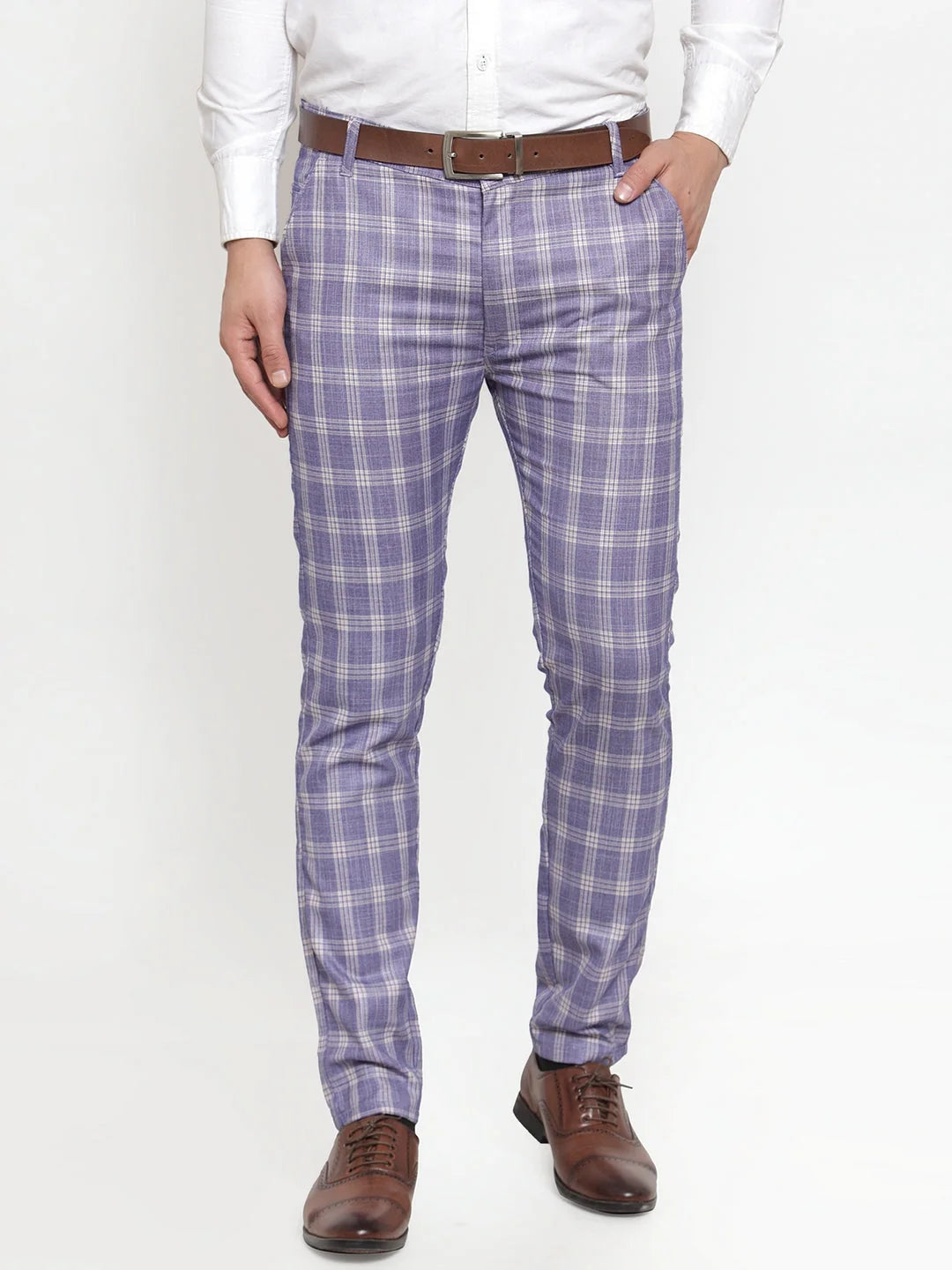 Blue Checked Formal Trousers | Men's Cotton Pants - Indian Needle