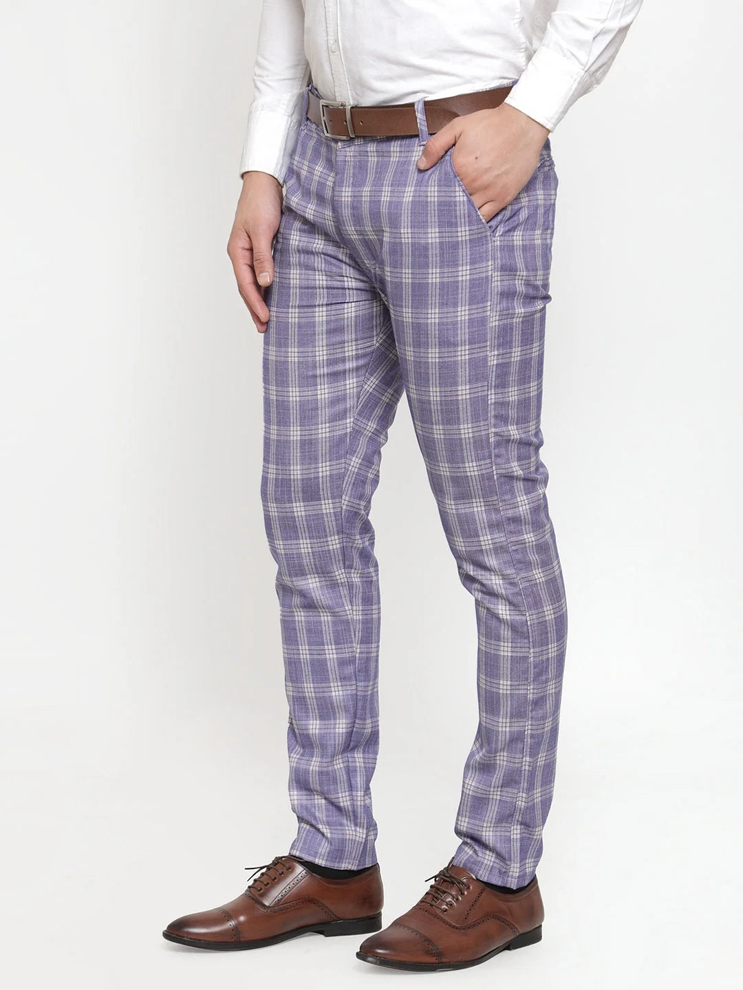 Blue Checked Formal Trousers | Men's Cotton Pants - Indian Needle
