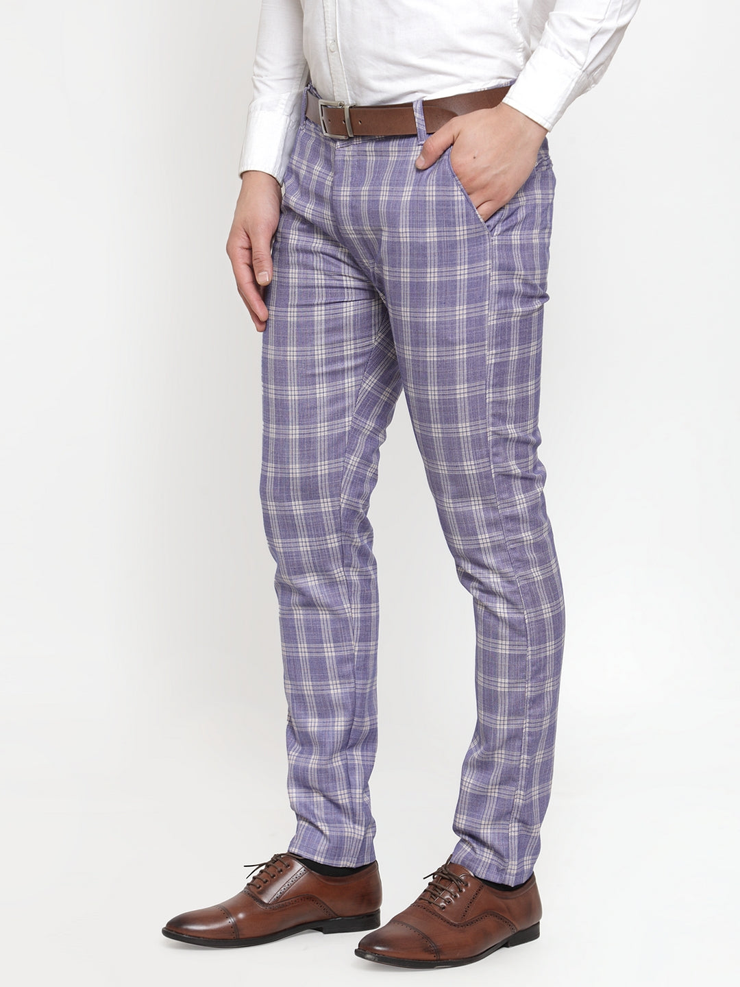 Blue Checked Formal Trousers | Men's Cotton Pants - Indian Needle