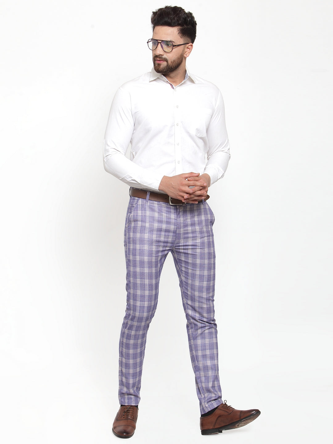 Blue Checked Formal Trousers | Men's Cotton Pants - Indian Needle