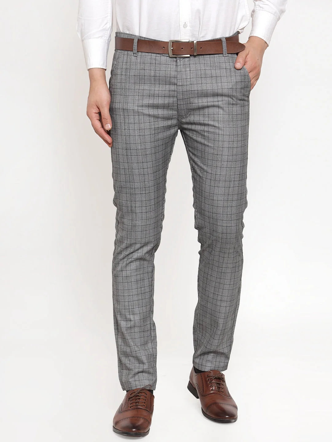 Men's Grey Checked Formal Trousers | Indian Needle Cotton Pants