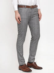 Indian Needle Men's Grey Checked Formal Trousers