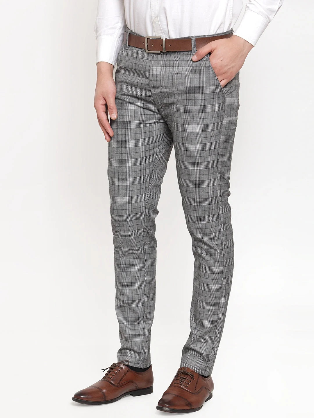 Men's Grey Checked Formal Trousers | Indian Needle Cotton Pants