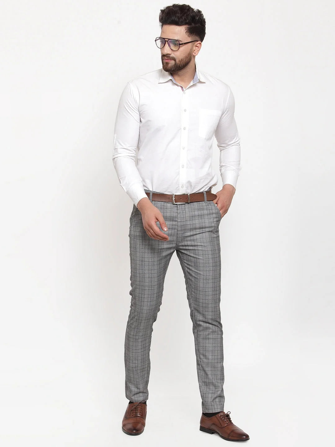 Men's Grey Checked Formal Trousers | Indian Needle Cotton Pants