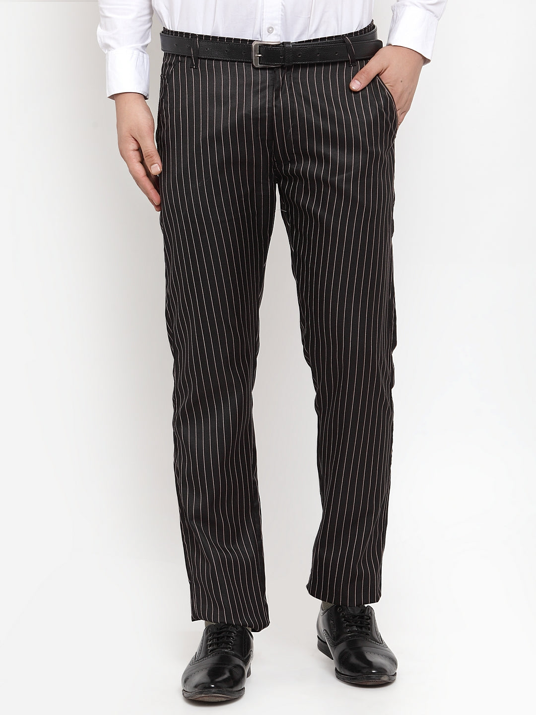 DesiQlo Men's Black Cotton Striped Formal Trousers ( FGP 255Black )