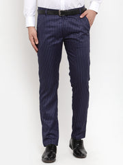 DesiQlo Men's Blue Cotton Striped Formal Trousers ( FGP 255Navy-Blue )