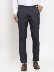Indian Needle Men's Black Cotton Checked Formal Trousers