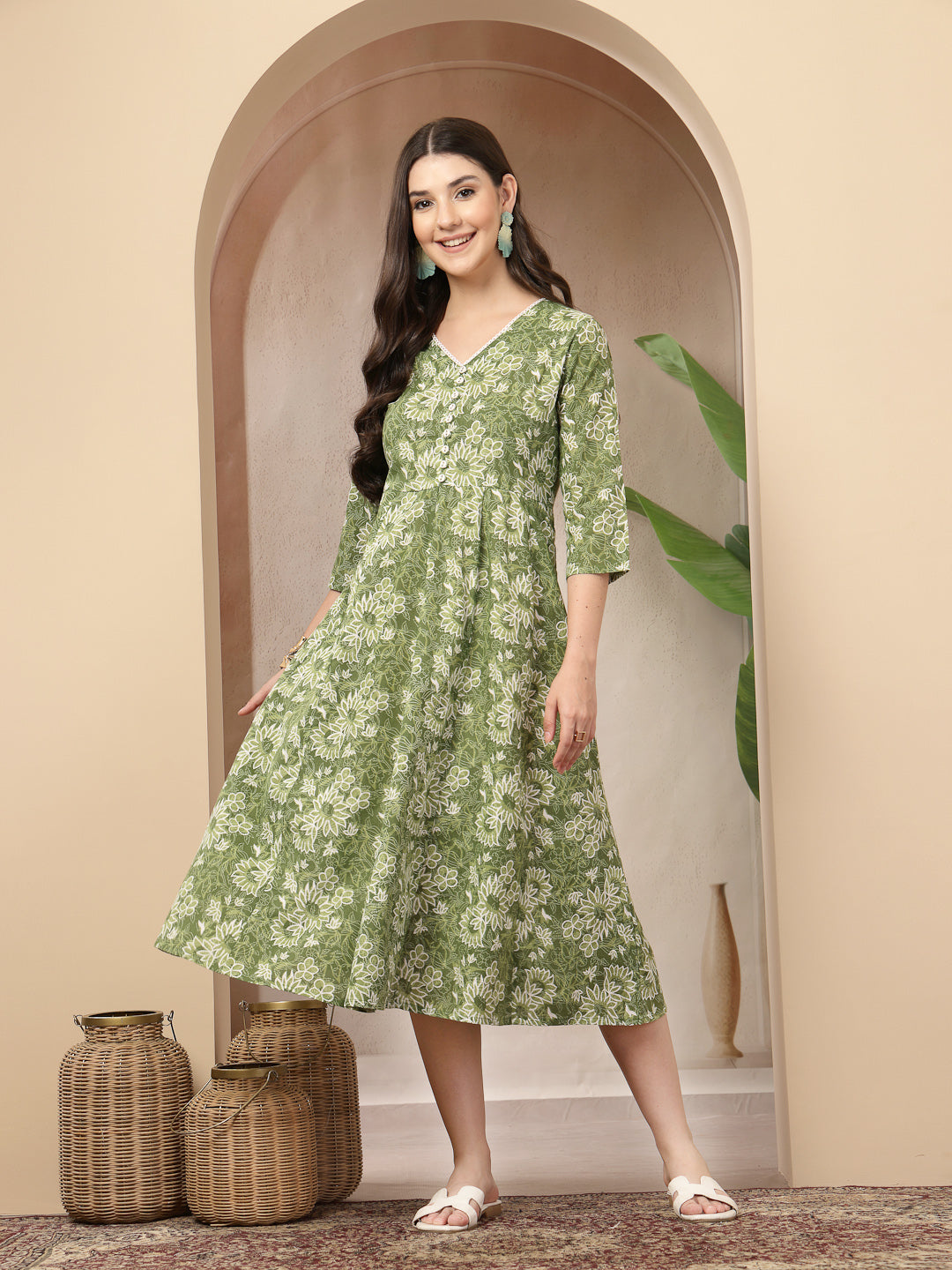 Women's Green Floral Printed Cotton Flared Dress (DRSGREENBOURBON) | D
