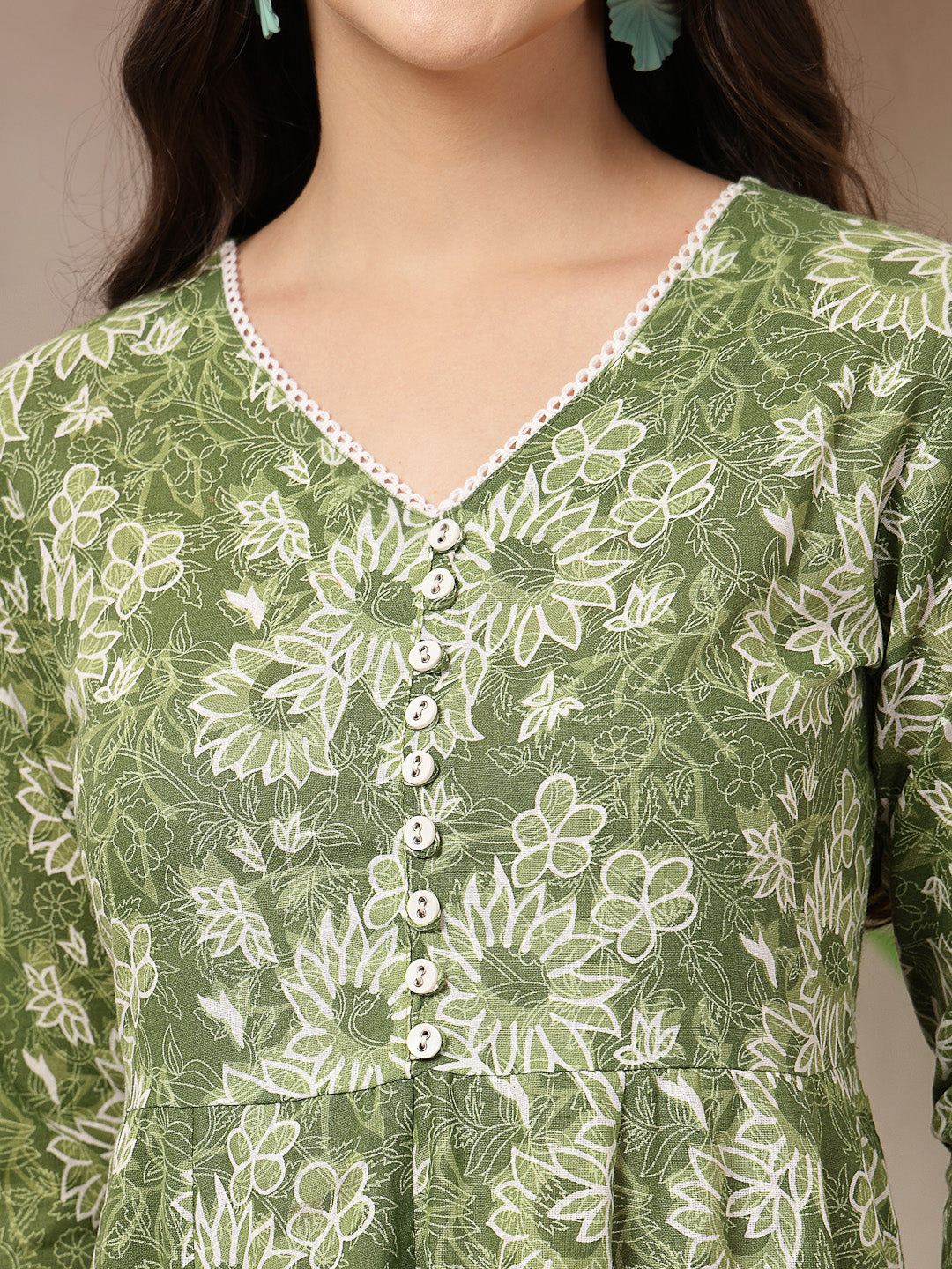 Women's Green Floral Printed Cotton Flared Dress (DRSGREENBOURBON) | D