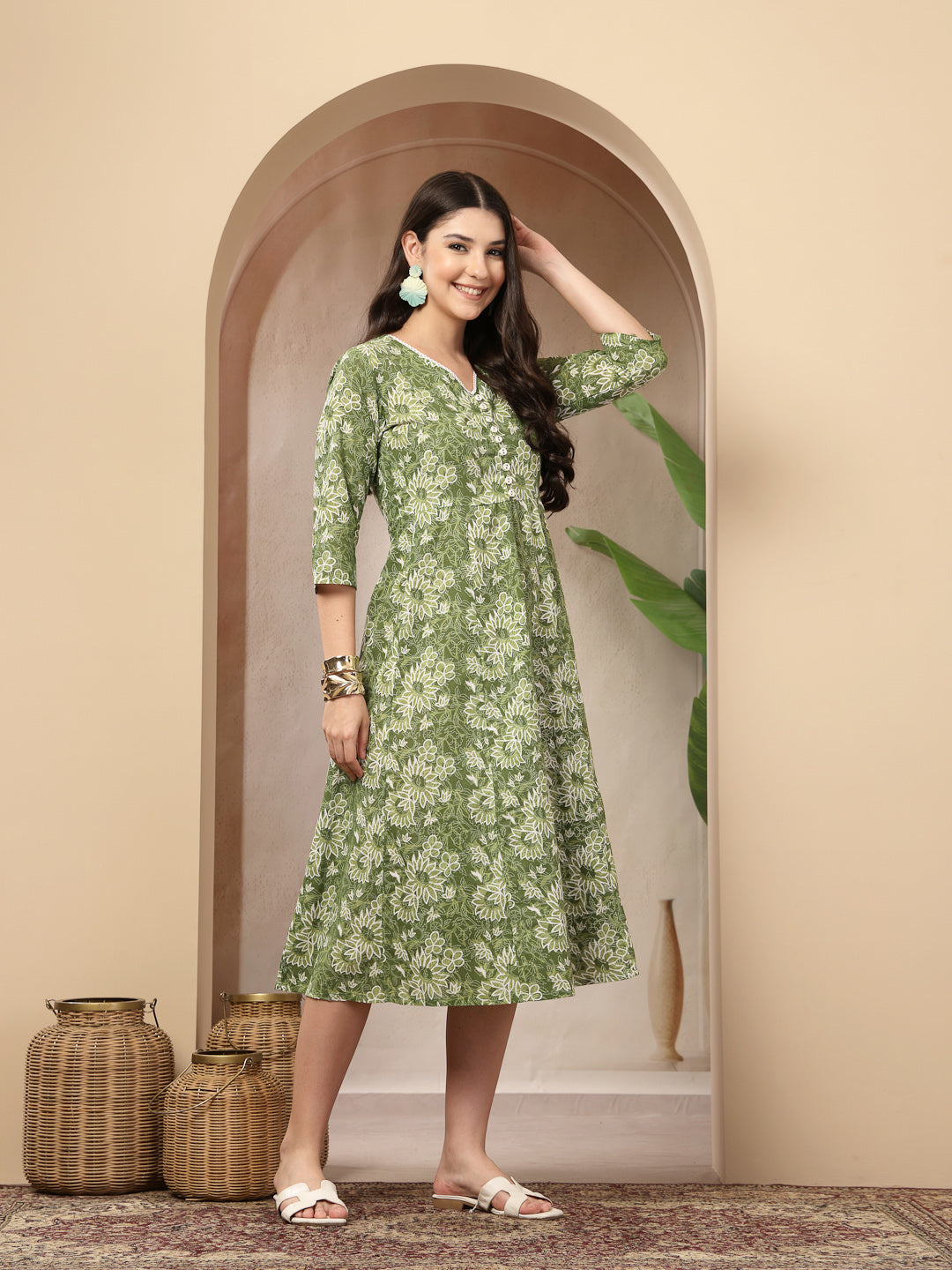 Women's Green Floral Printed Cotton Flared Dress (DRSGREENBOURBON) | D