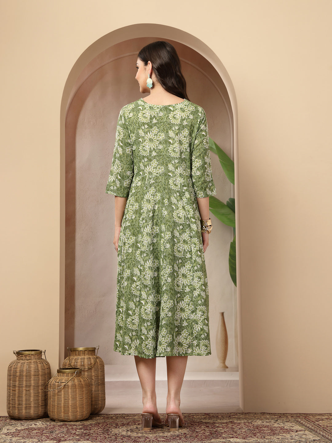 Women's Green Floral Printed Cotton Flared Dress (DRSGREENBOURBON) | D