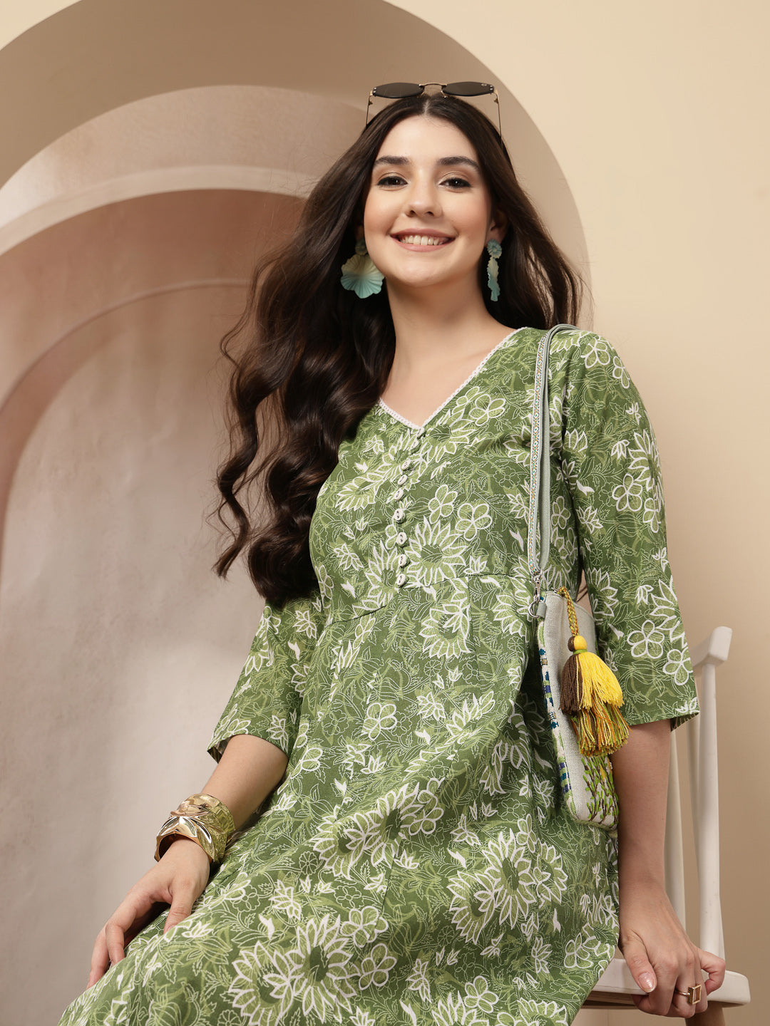 Women's Green Floral Printed Cotton Flared Dress (DRSGREENBOURBON) | D