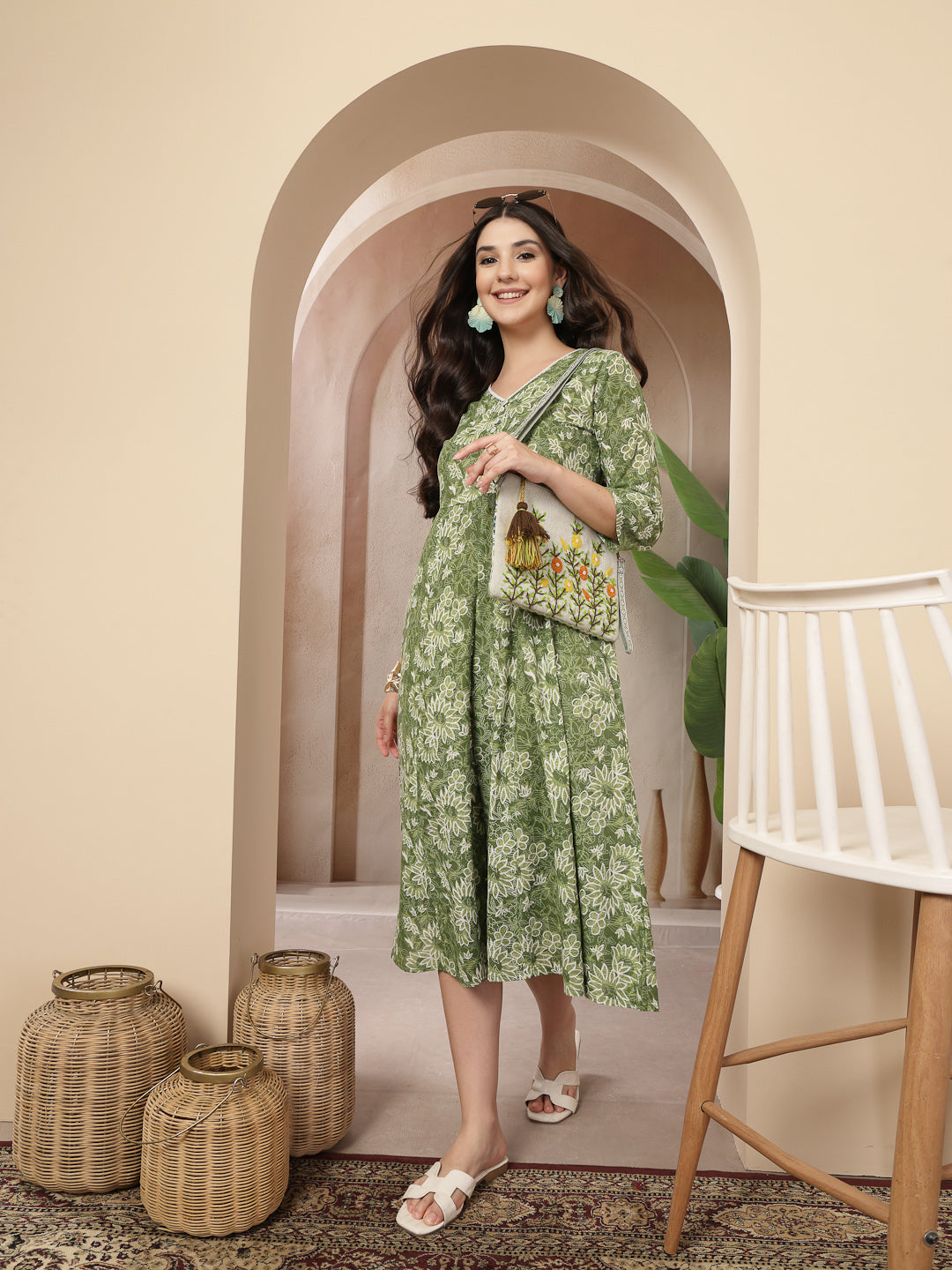 Women's Green Floral Printed Cotton Flared Dress (DRSGREENBOURBON) | D