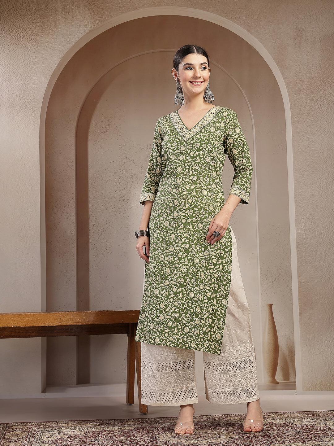 Women's Green Ethnic Printed Cotton Straight Kurta (GREENFRIES) | Desi