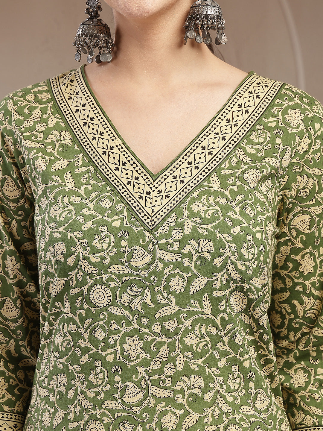 Women's Green Ethnic Printed Cotton Straight Kurta (GREENFRIES) | Desi