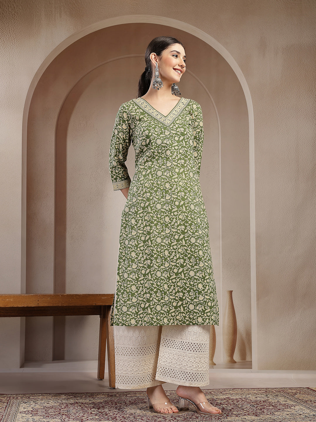 Women's Green Ethnic Printed Cotton Straight Kurta (GREENFRIES) | Desi