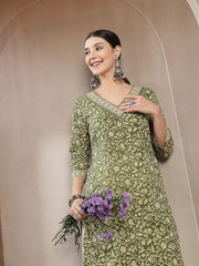 Stylum Women's Green Ethnic Printed Cotton Straight Kurta (GREENFRIES)