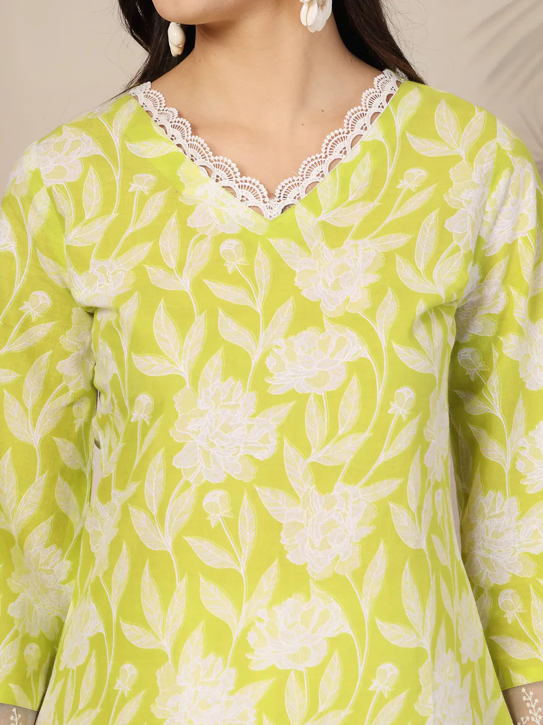Green Floral Indian Kurta - Cotton Kurtas for Women & Girls