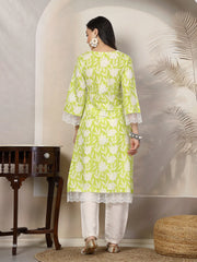 Women's Green Floral Printed Cotton Straight Kurta-GREENGALI