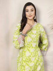 Women's Green Floral Printed Cotton Straight Kurta-GREENGALI