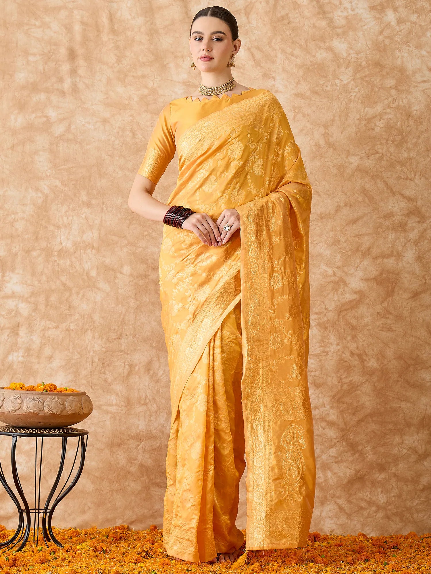 Gold Woven Polyester Saree | Indian Wedding Sarees