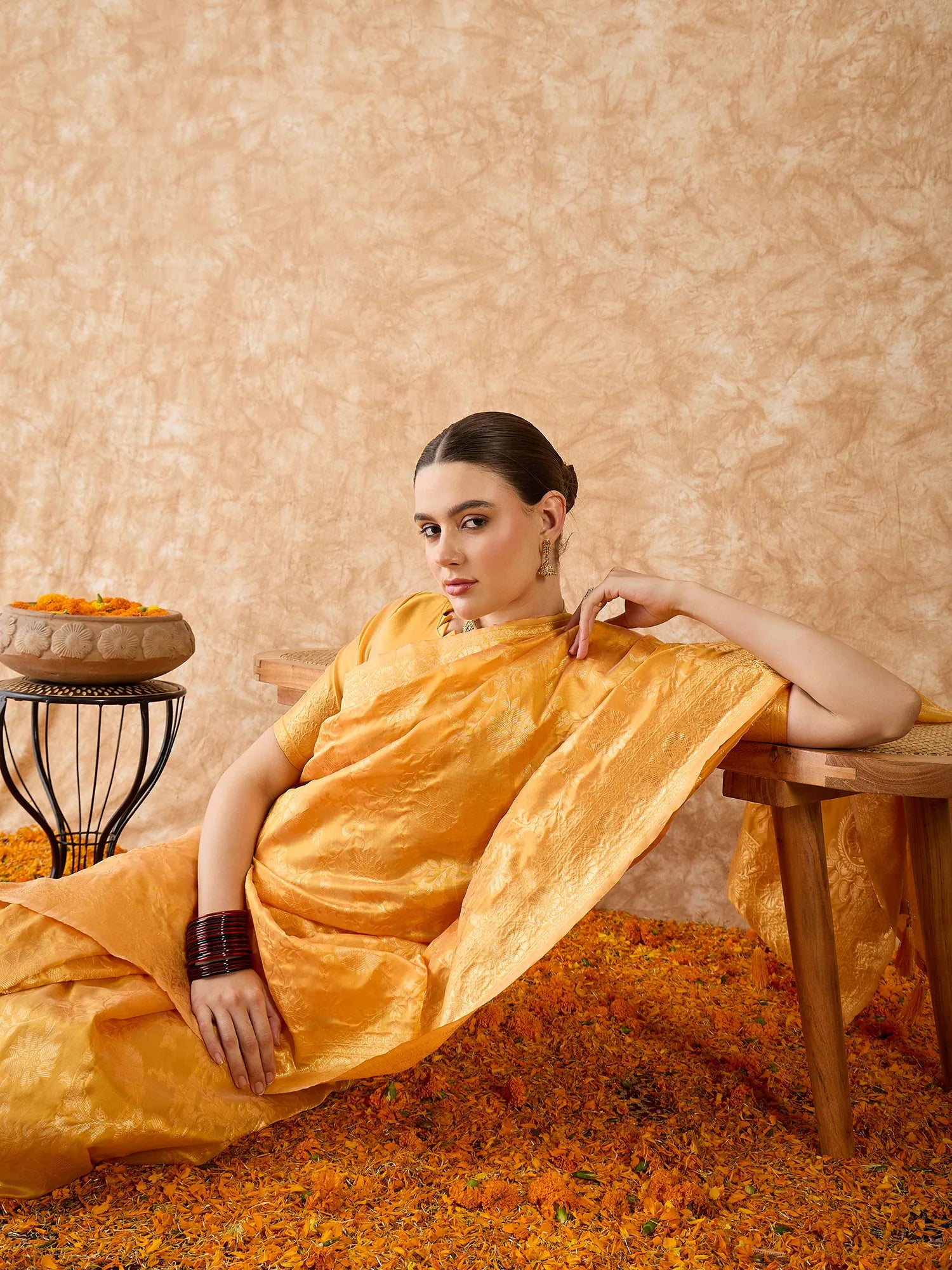 Gold Woven Polyester Saree | Indian Wedding Sarees