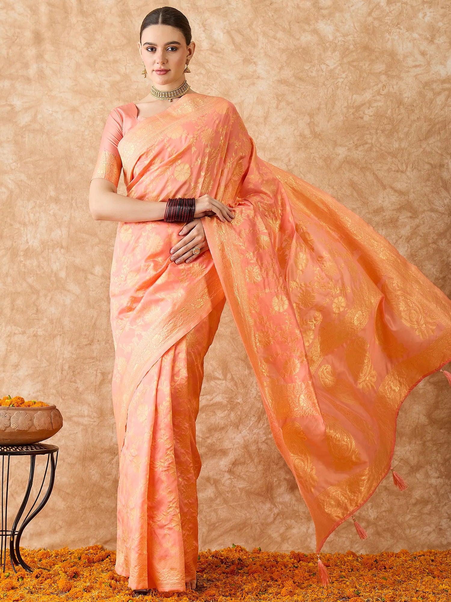 Peach Polyester Banarasi Saree | Designer Sarees India