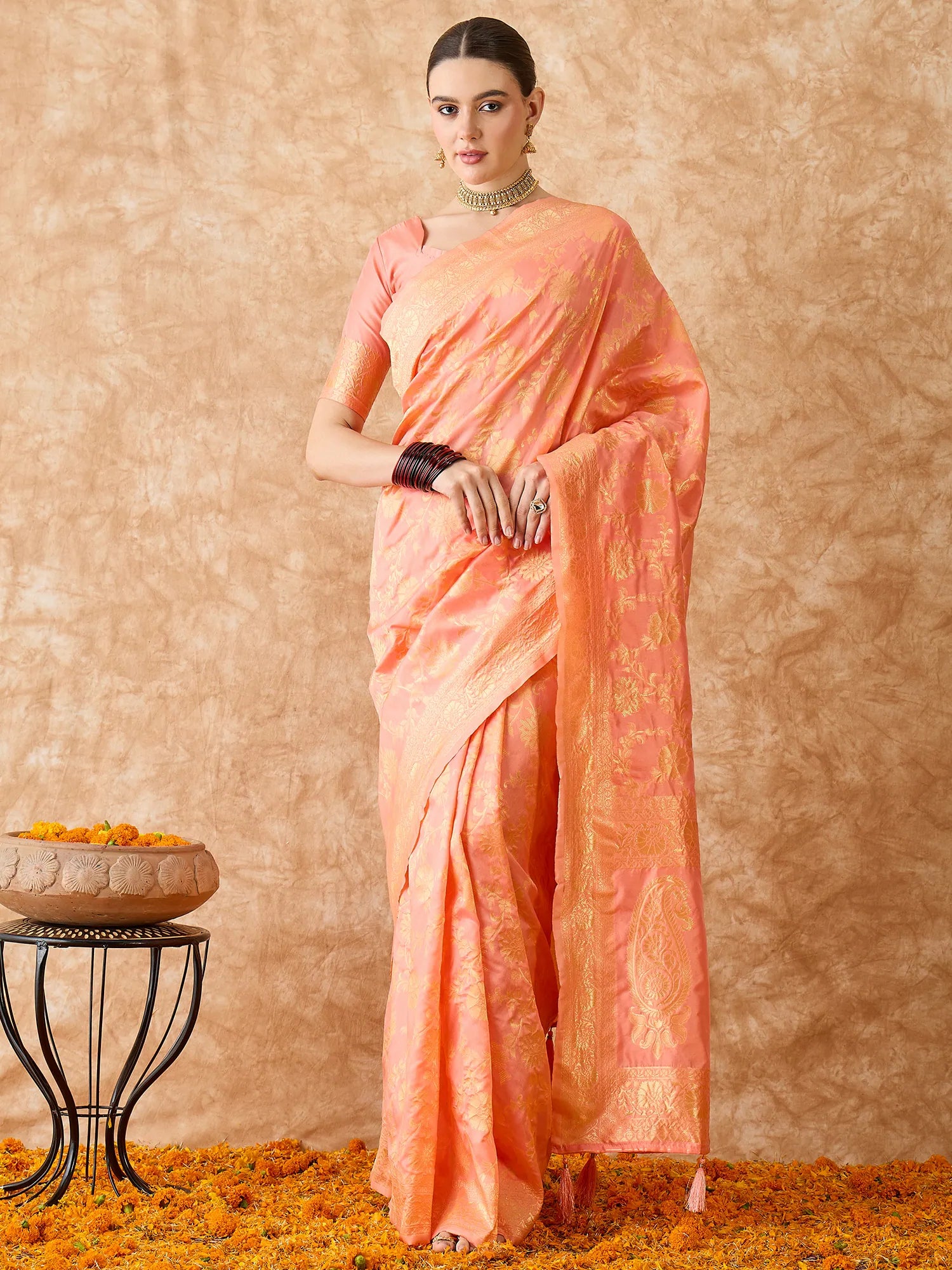 Peach Polyester Banarasi Saree | Designer Sarees India