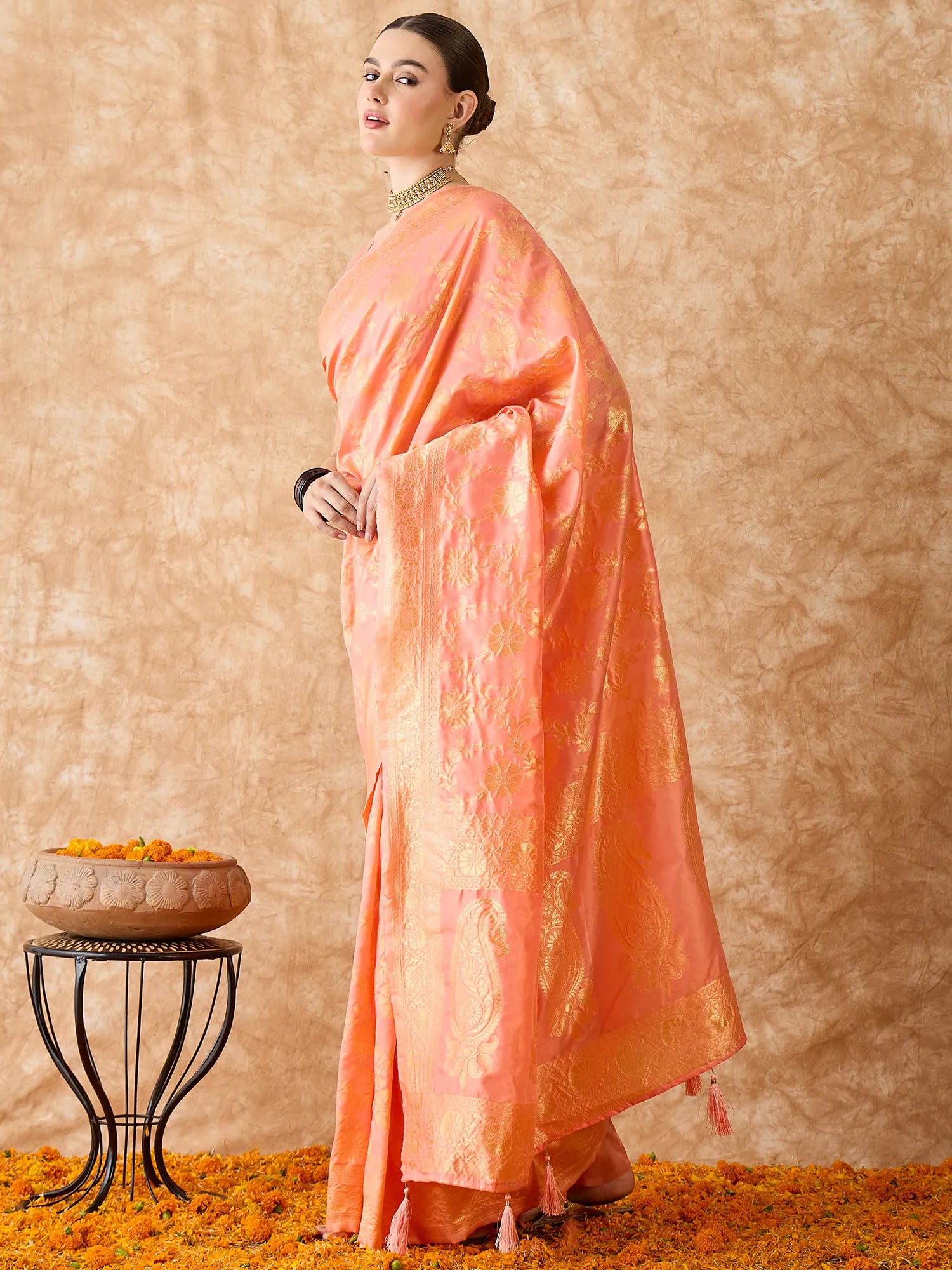 Peach Polyester Banarasi Saree | Designer Sarees India