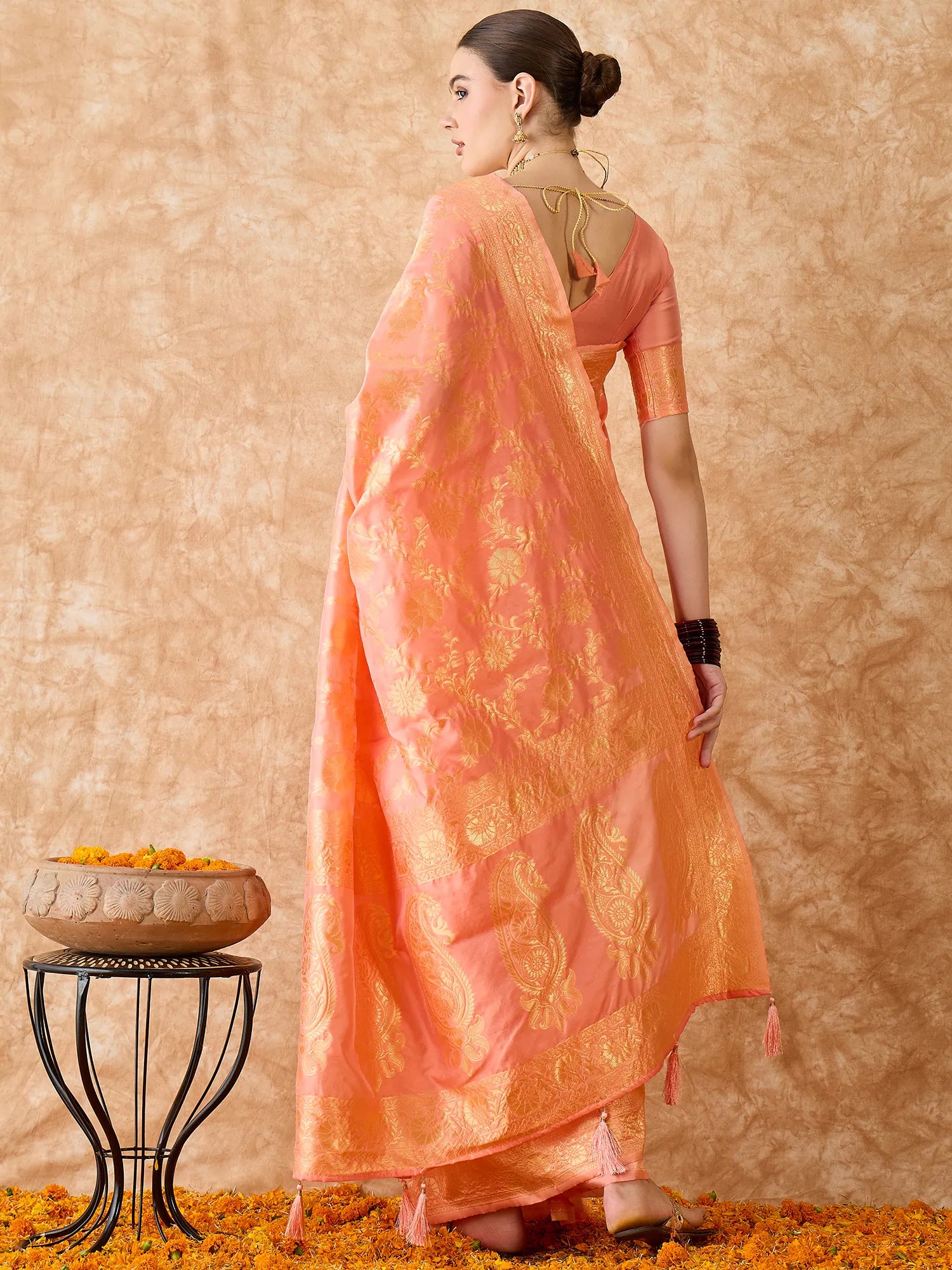 Peach Polyester Banarasi Saree | Designer Sarees India