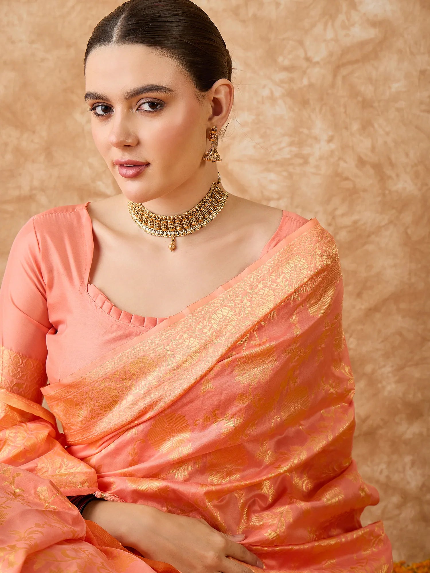 Peach Polyester Banarasi Saree | Designer Sarees India