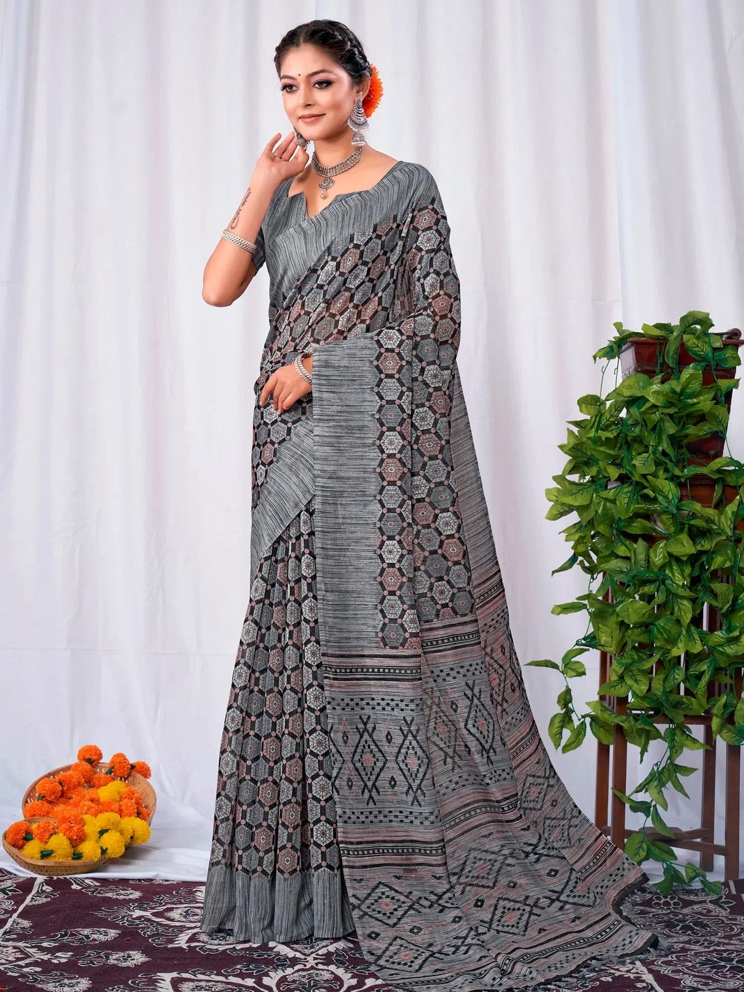 Graceful Grey Printed Cotton Saree | Exclusive Indian Designer Wear
