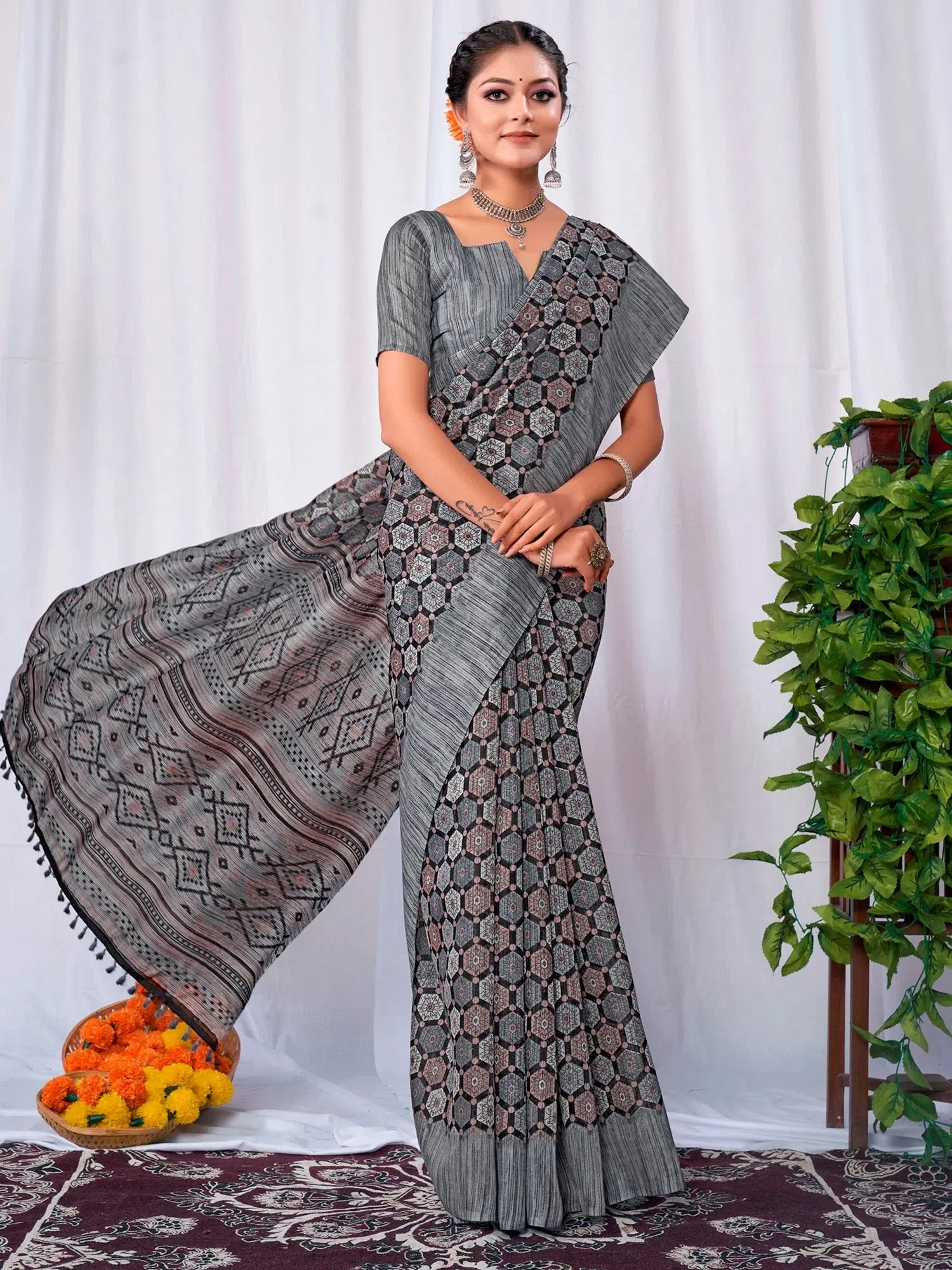 Graceful Grey Printed Cotton Saree | Exclusive Indian Designer Wear