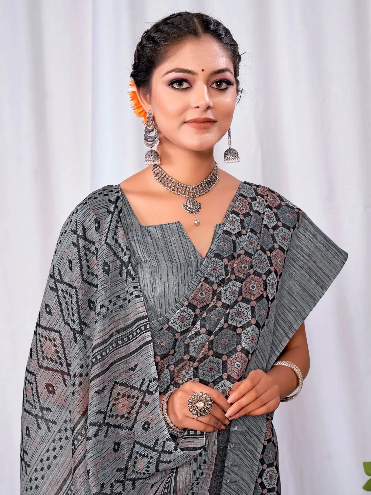 Graceful Grey Printed Cotton Saree | Exclusive Indian Designer Wear