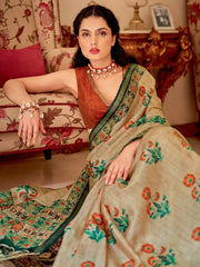 Women's Soft  Beige Printed Designer Saree With Blouse Piece-GRUHAM102