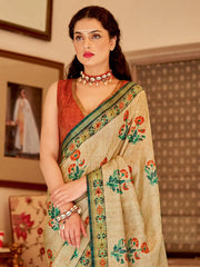 Women's Soft  Beige Printed Designer Saree With Blouse Piece-GRUHAM102