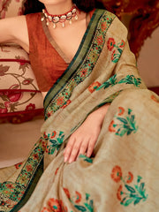 Women's Soft  Beige Printed Designer Saree With Blouse Piece-GRUHAM102