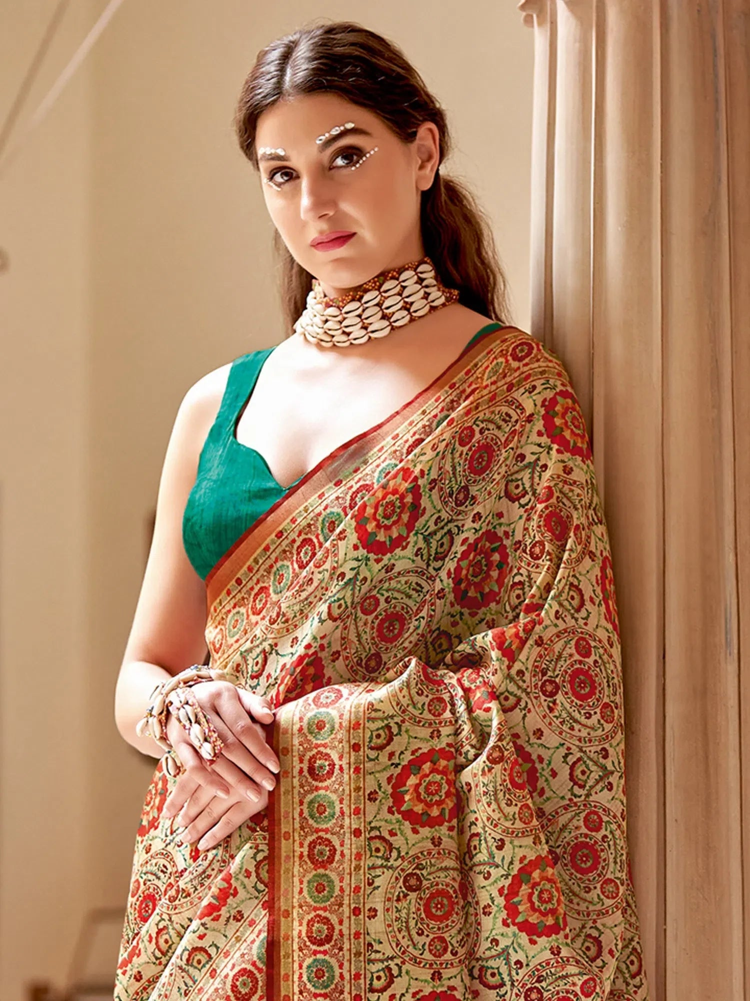 Beige Printed Polyester Saree - Indian Sari & Blouse