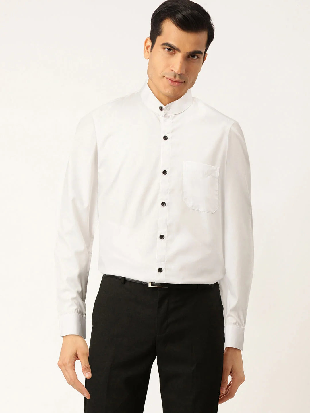 Indian Needle White Men's Cotton Solid Mandarin Collar Formal Shirts