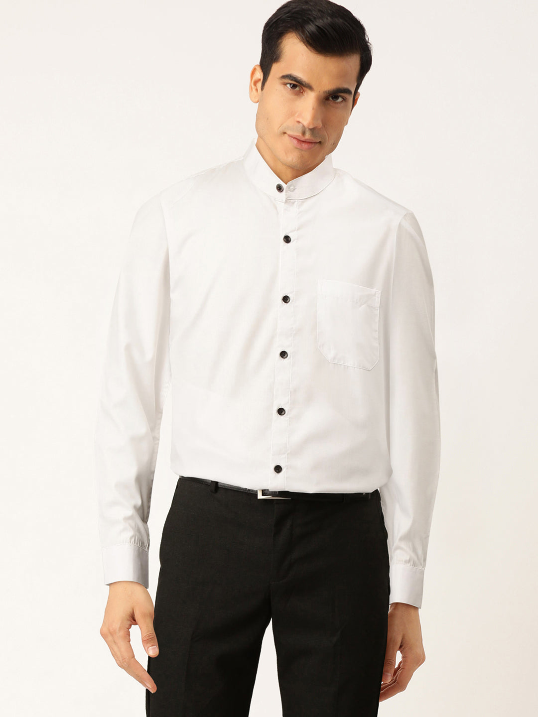 Indian Needle White Men's Cotton Solid Mandarin Collar Formal Shirts