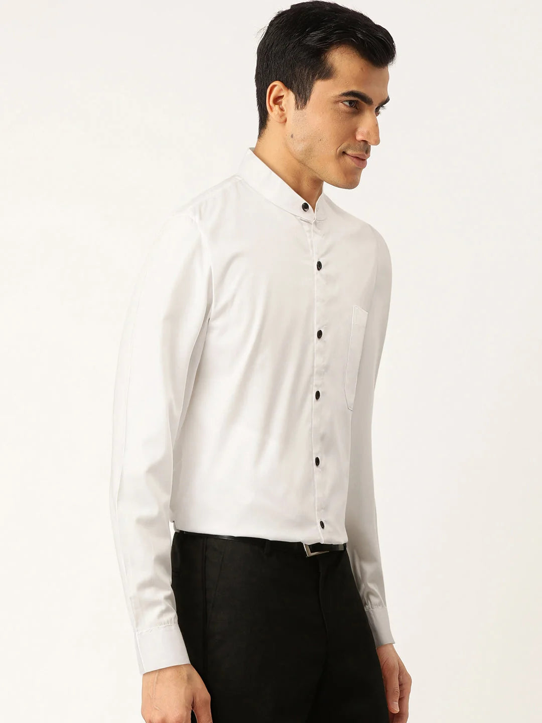 White Cotton Formal Shirts - Solid Mandarin Collar Mens Shirt