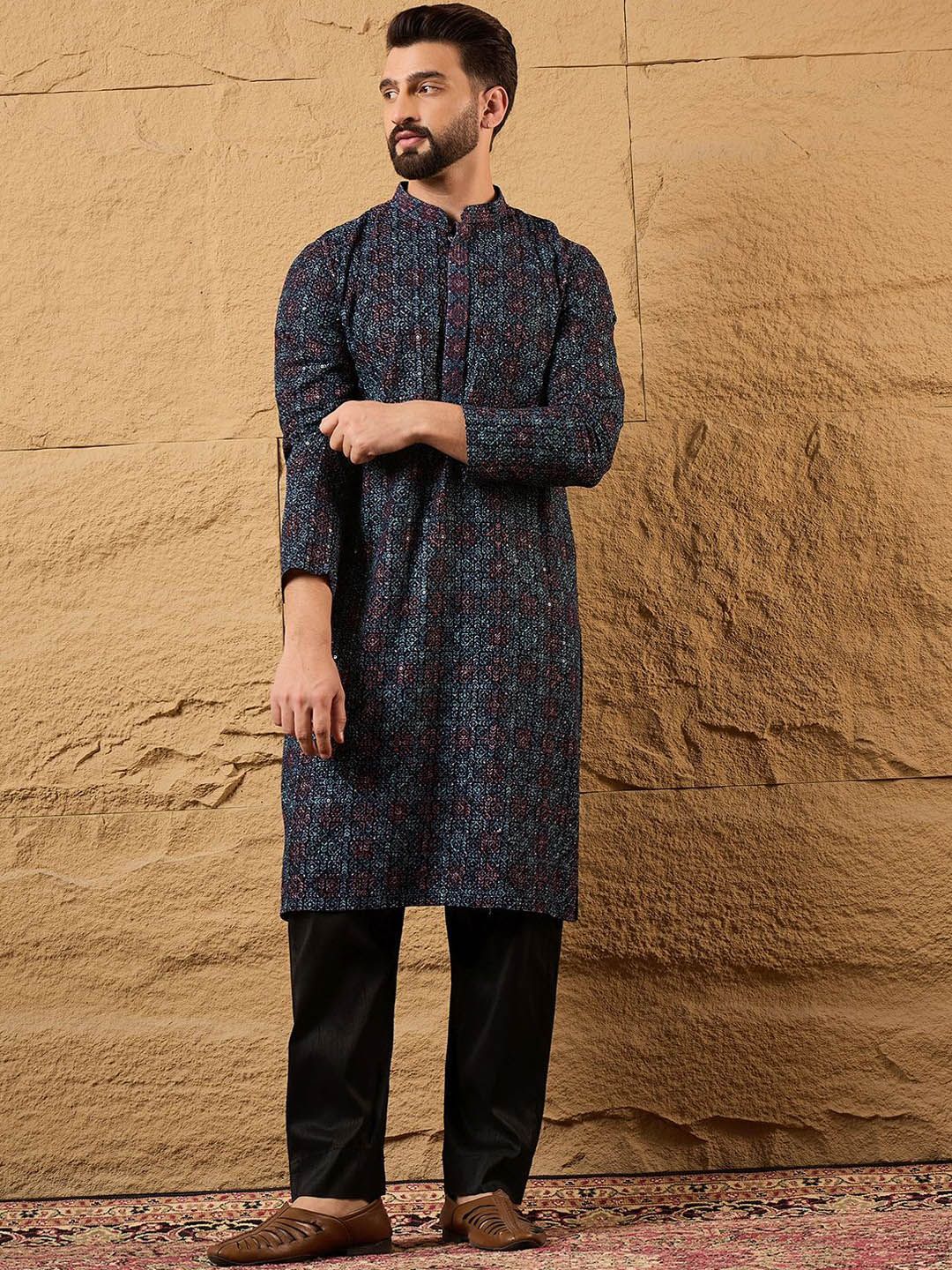Ethnic Bay Mens Blue Viscose Rayon Abstract Embroidered Chikankari Straight Kurta With Pant Set-MKSET1172