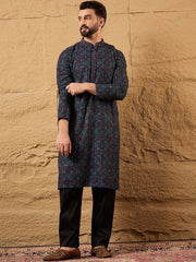 Ethnic Bay Mens Blue Viscose Rayon Abstract Embroidered Chikankari Straight Kurta With Pant Set-MKSET1172