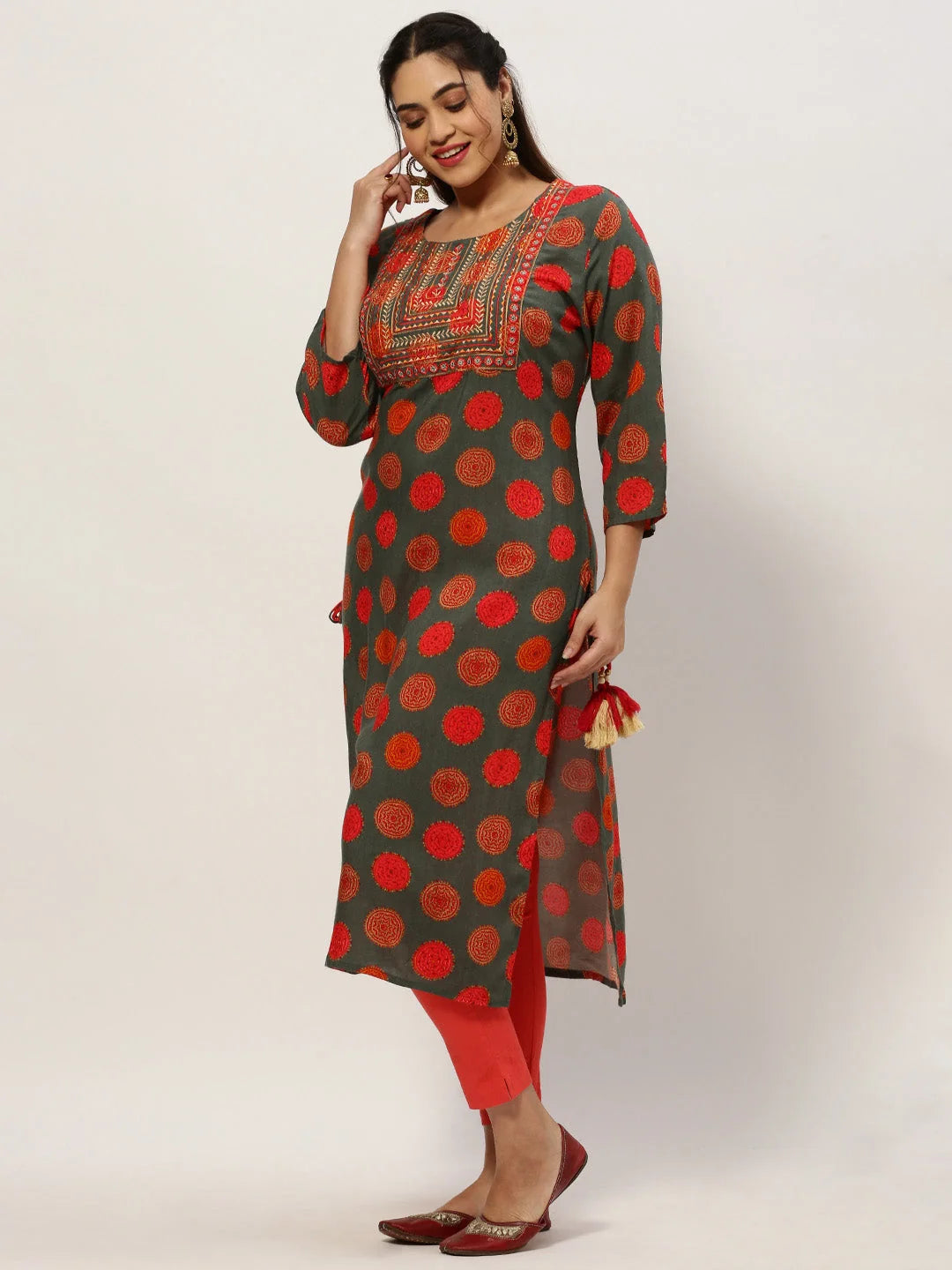 Green Ethnic Motifs Kurta - Viscose Indian Kurta for Women